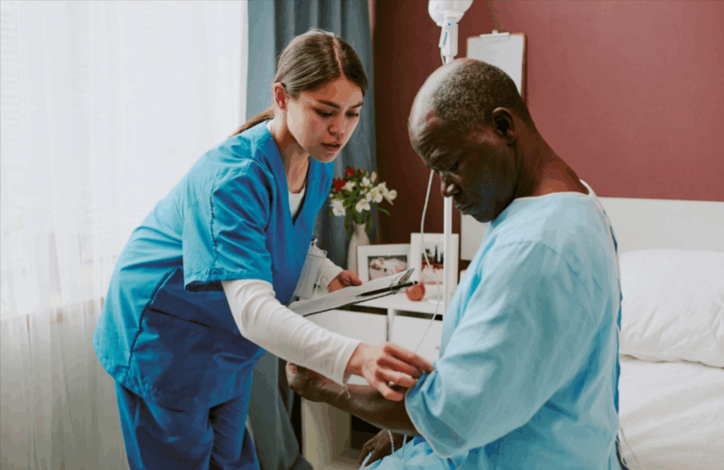 A nurse checks on an elderly male patient seated on a hospital bed during routine rounds.