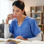 Nurse using textbook and laptop to plan care based on medical research and evidence.