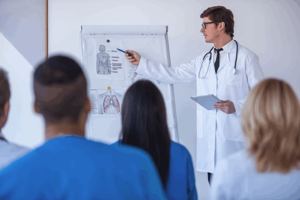 Doctors undergo healthcare training at a medical conference.