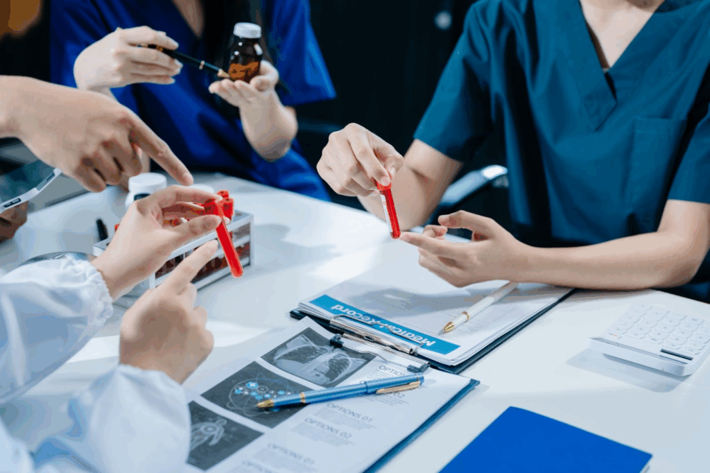 Clinical research nurses hold vials of samples around a table scattered with papers.