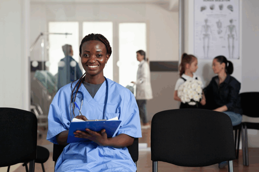 A smiling nurse writes on a clipboard with families and doctors in the background.
