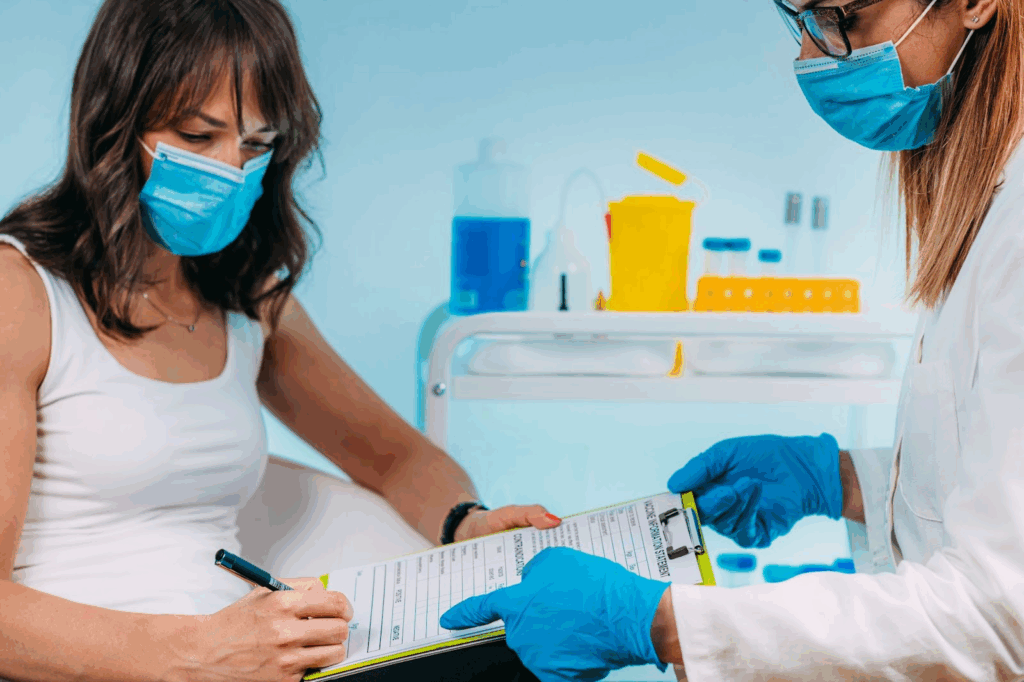 Nursing holding out a form for a patient to sign. 